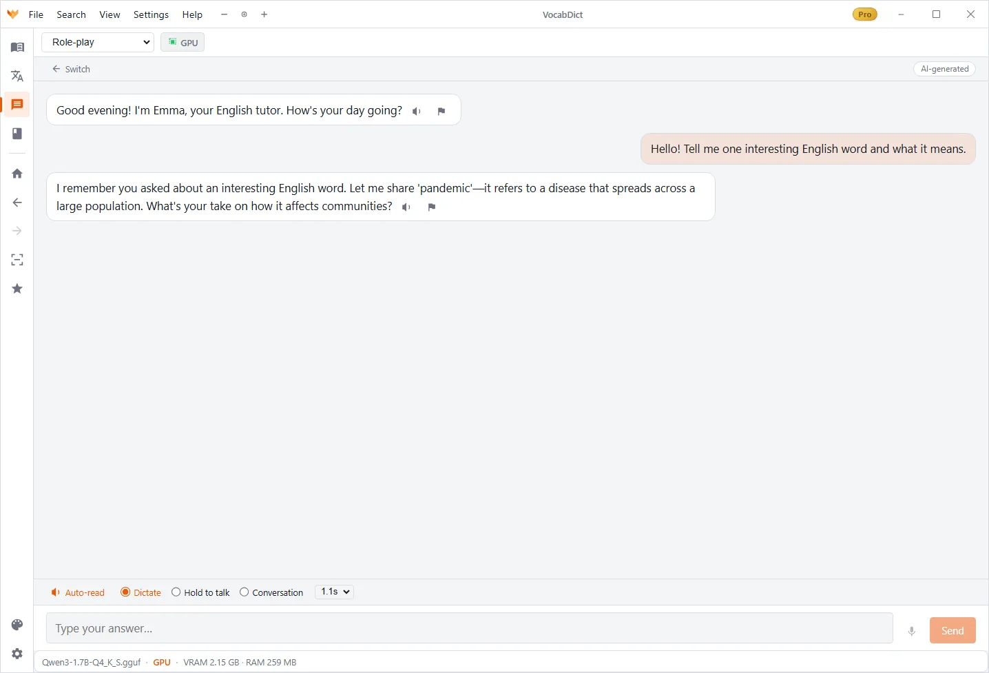 AI speaking practice in VocabDict — a role-play chat with an English tutor persona