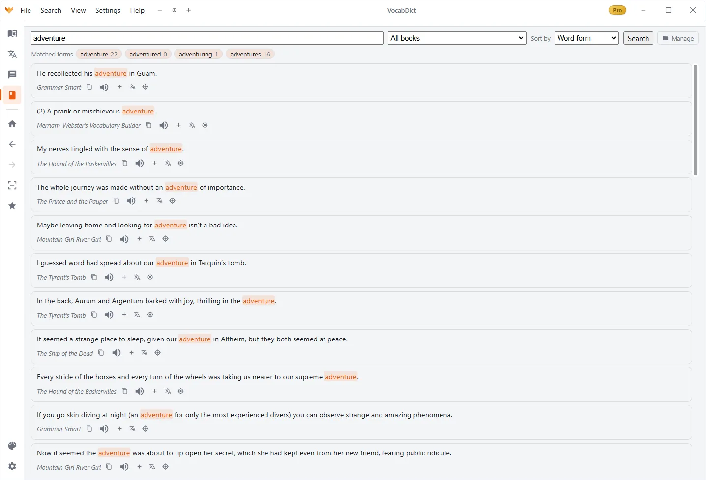 VocabDict sentence library — example sentences for a word with form filters and book sources